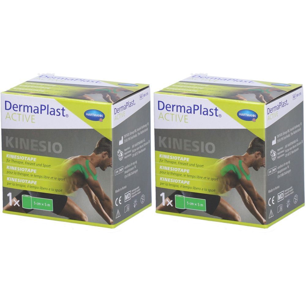 Deux boîtes de Dermaplast Aktiv Kinesiotape. Inscription: Kinesio, 5cm x 5m. Vert et gris. Marque CE.