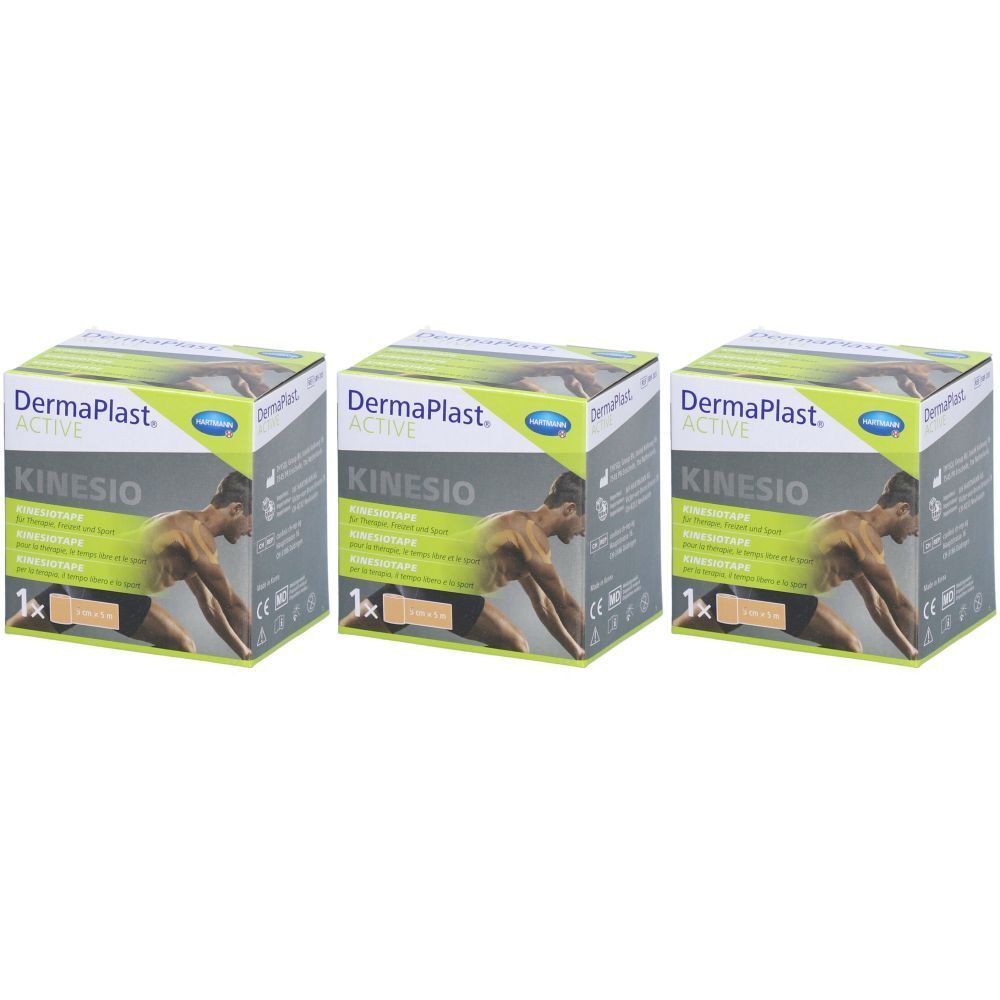 Trois boîtes carrées avec l'inscription "Dermaplast ACTIVE KINESIO". Chaque boîte présente l'image d'un homme.