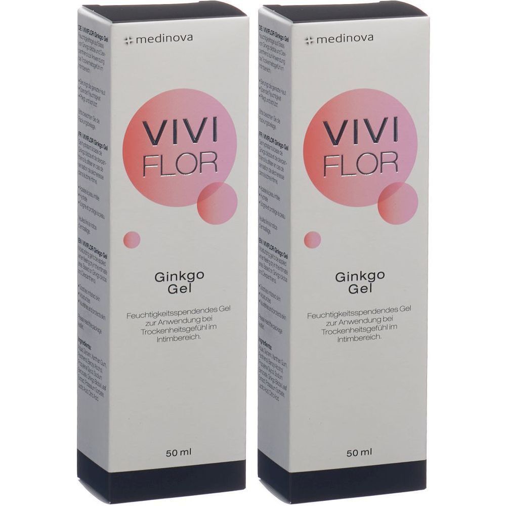 Deux boîtes rectangulaires. Inscription : VIVI FLOR, Ginkgo Gel. En dessous, texte et 50 ml. En haut à gauche : medinova.