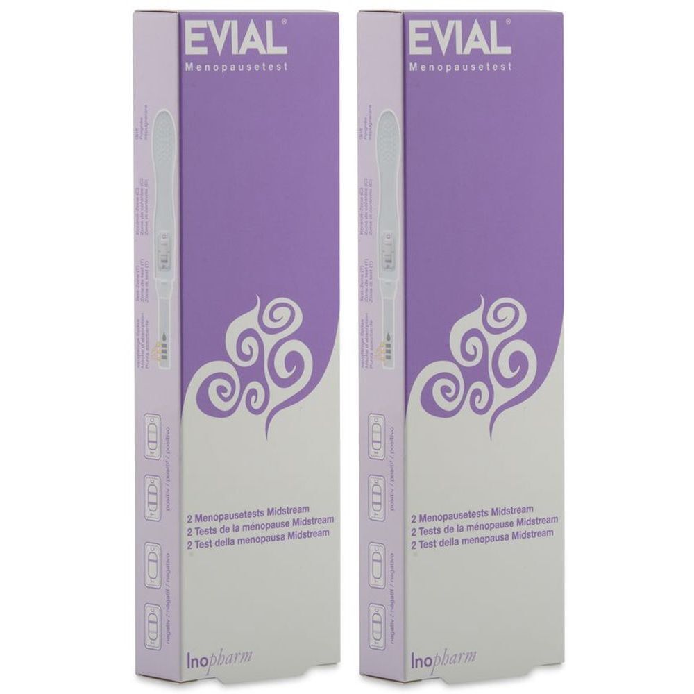 Zwei Packungen EVIAL Menopausetest. Lila-weiße Verpackung mit Teststäbchen-Abbildung. Text: Menopausetest, 2 Tests, Inopharm.