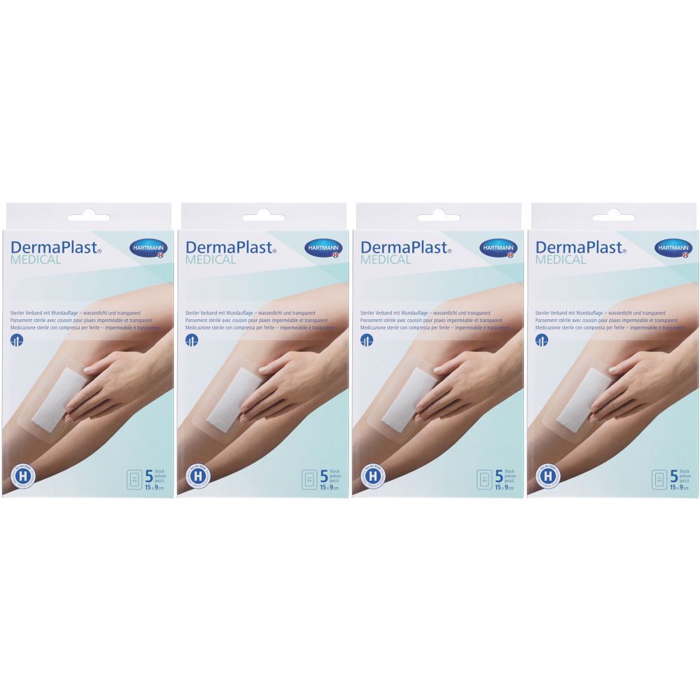 Emballage de quatre pansements. Impression: DermaPlast Medical. Application sur une jambe. Paquet de 5 pièces.
