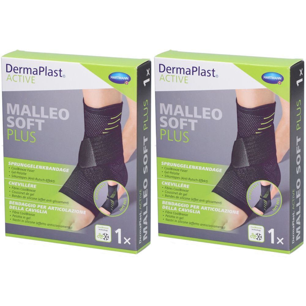 Deux boîtes de bandage de cheville. Inscription : DermaPlast Active Malleo Soft Plus. Illustration d'une cheville avec bandage.