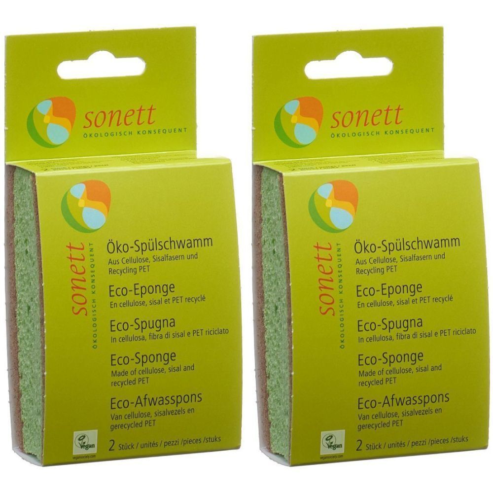 Zwei grüne Schwämme in Kartonverpackung. Aufdruck: Öko-Spülschwamm, Cellulose, Sisal, Recycling PET. Marke: sonett. Vegan-Siegel.