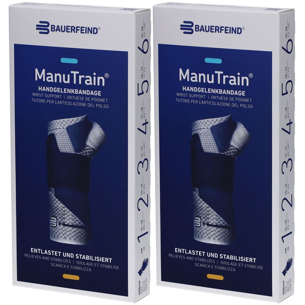 Zwei Verpackungen der Handgelenkbandage ManuTrain von Bauerfeind. Aufdruck: Handgelenkbandage, Größenangabe 1-6.