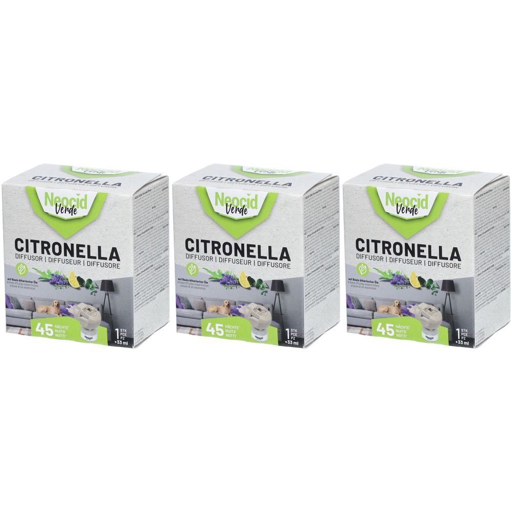 Drei Kartons mit "Neocid Verde Citronella"-Aufdruck. Aufschrift "Citronella Diffusor". Grün-weiße Verpackung mit Illustrationen.