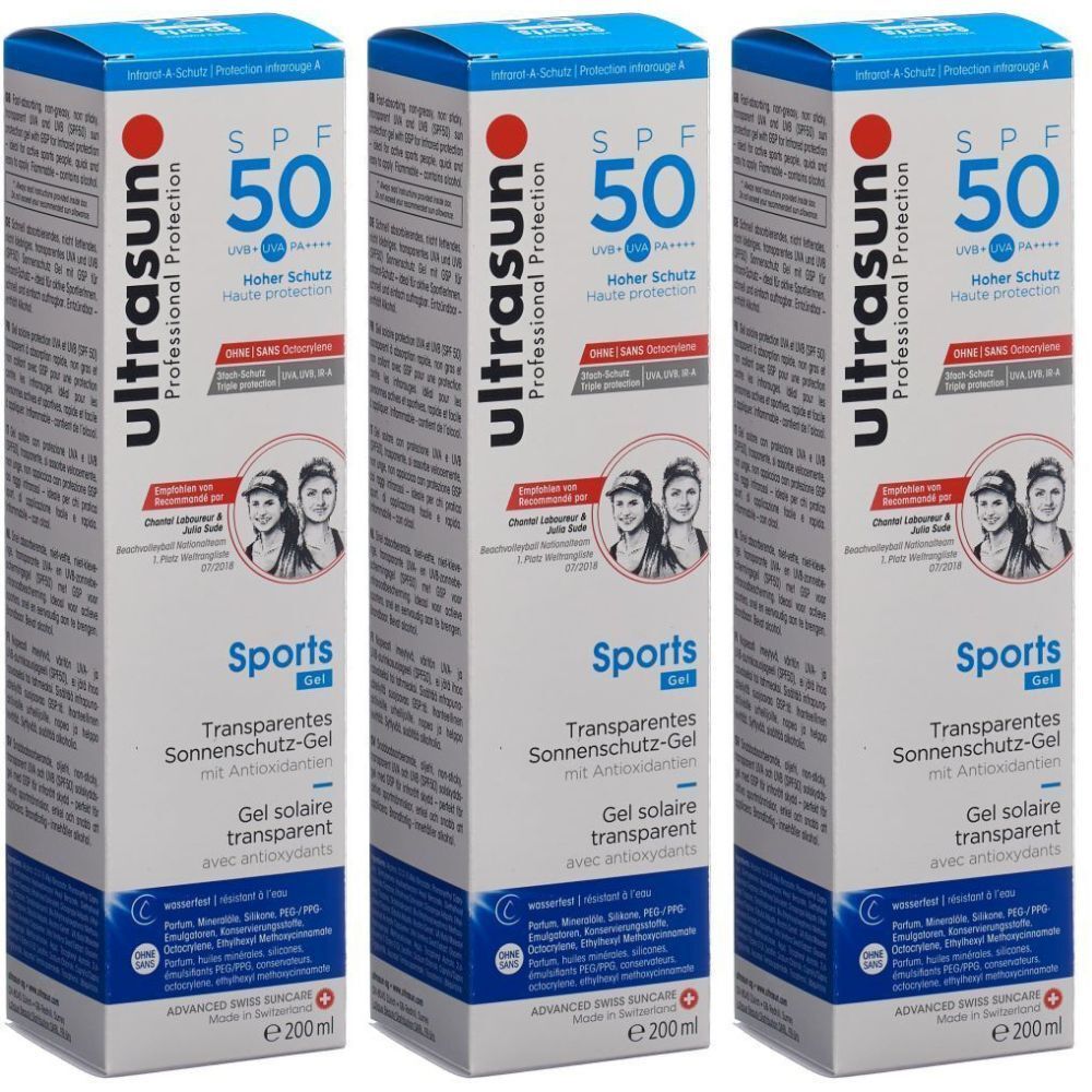Drei rechteckige Verpackungen von ULTRASUN Sport Gel SPF 50. Aufschrift: SPF 50, Sports Gel, transparente Sonnencreme.