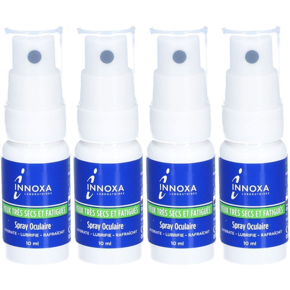 Vier Flaschen INNOXA Augenspray. Weiße Flaschen mit blauem Etikett. Aufschrift: „Spray Oculaire“. Grauer Sprühkopf.