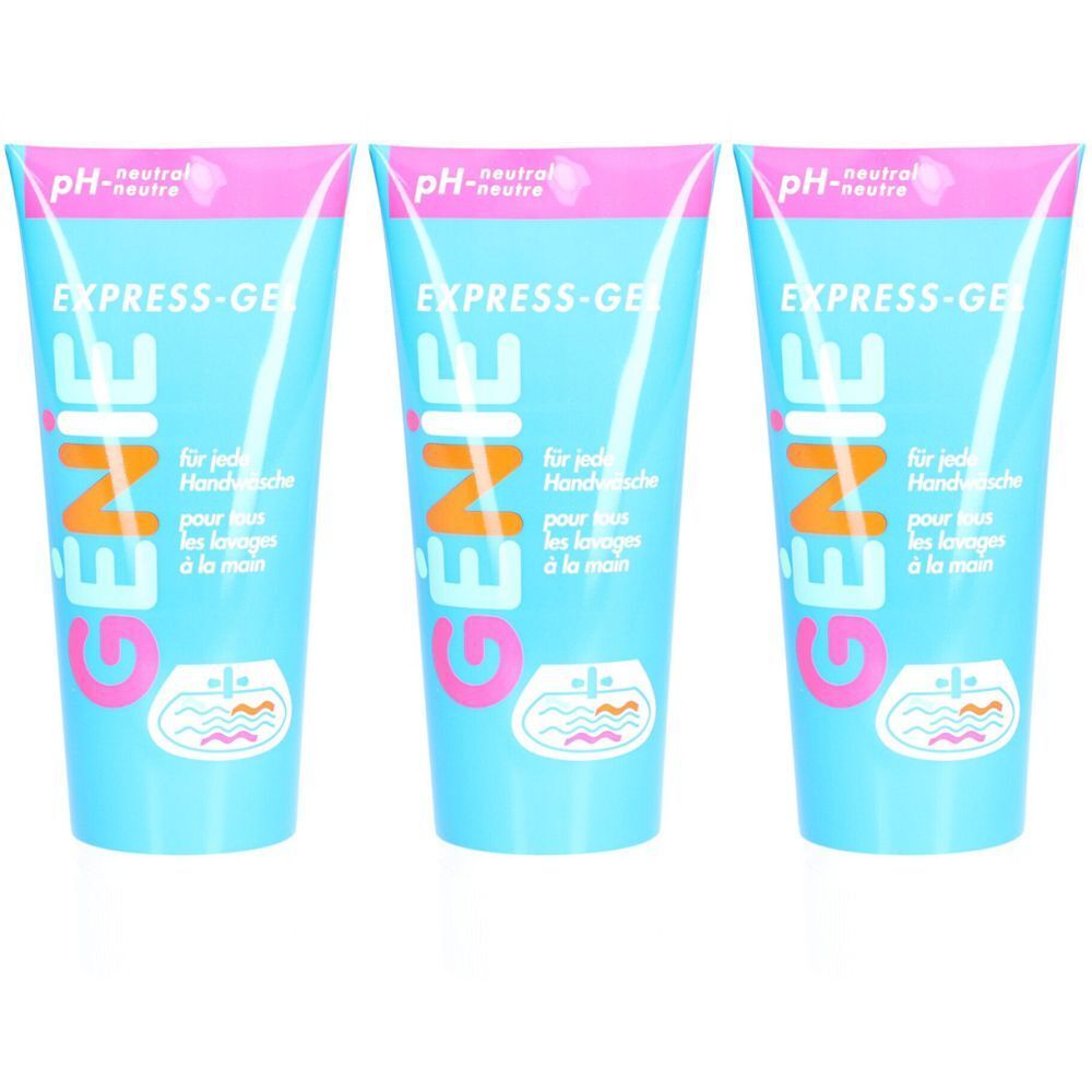 Trois tubes de gel lavant pour les mains. Bleu turquoise, rose et blanc. Inscription : GENIE, EXPRESS-GE, pH neutre. Pour chaque lavage des mains.