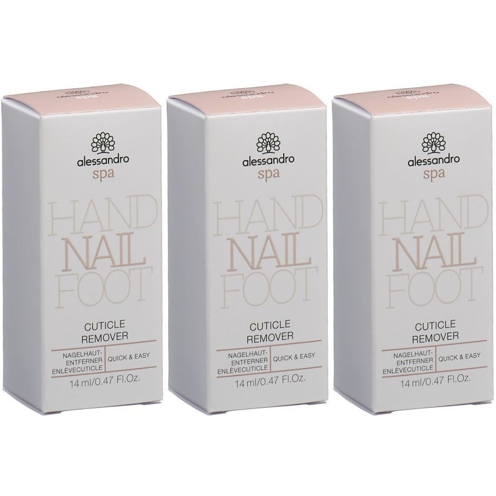 Drei rechteckige Schachteln. Aufschrift: alessandro spa, HAND, NAIL, FOOT, CUTICLE REMOVER. 14 ml/0.47 Fl.Oz.