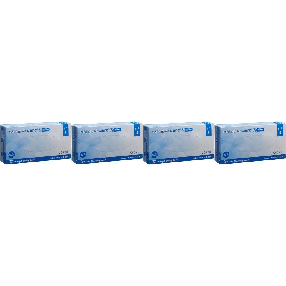 Quatre boîtes. Chaque boîte porte l'inscription "SEMPERCARE" et "Gants latex". Emballage bleu et blanc.