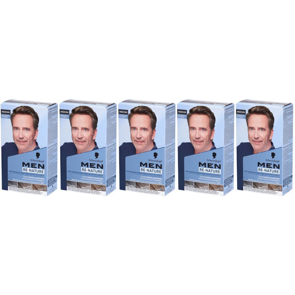 Fünf Schachteln mit Produktabbildung. Auf jeder Schachtel ist ein Mann abgebildet. Auf der Schachtel steht "MEN RE-NATURE".