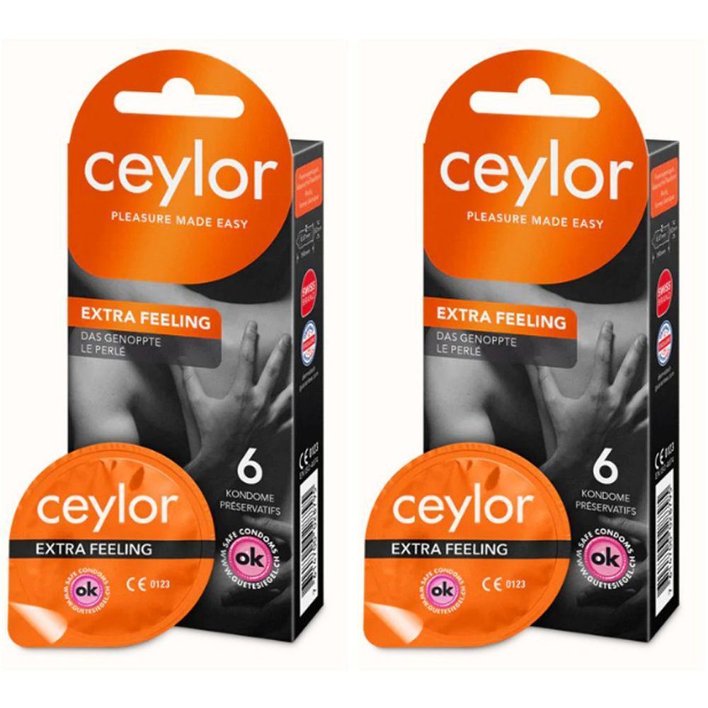 Zwei Packungen Ceylor Kondome Extra Feeling. Orangefarbene Verpackung mit Produktnamen und 6 Kondomen.