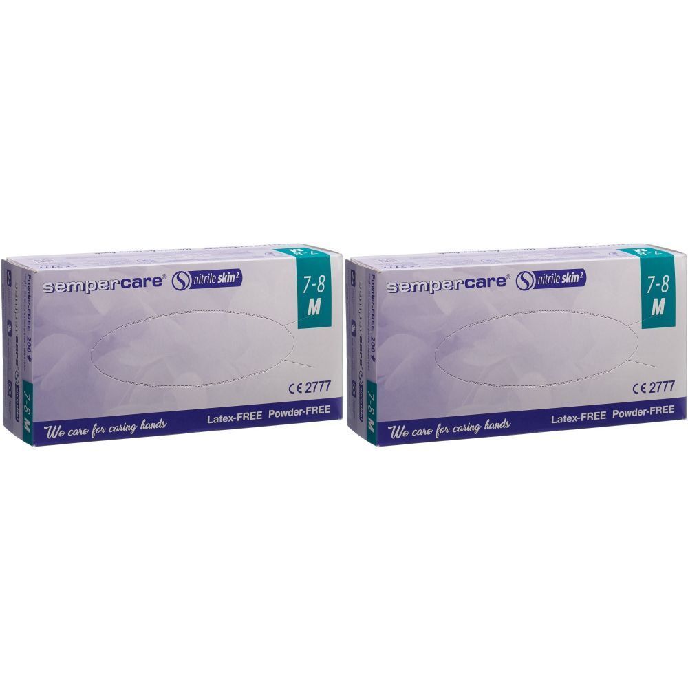 Deux boîtes de gants en nitrile SEMPERCARE® Skin, taille M 7-8. Inscription : Latex-FREE, Powder-FREE, CE 2777.
