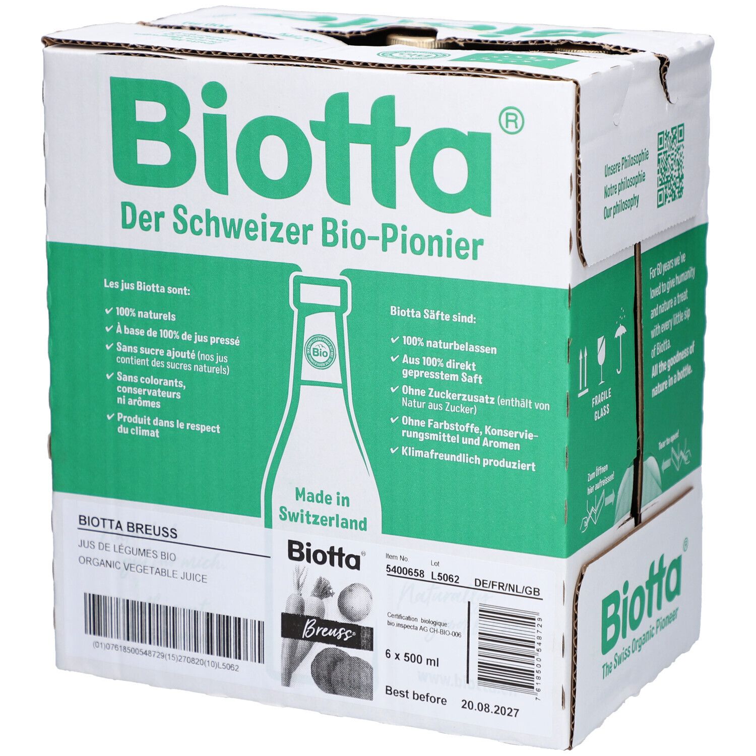 Karton mit Biotta-Logo und Produktinformationen. Enthält 6 Flaschen Bio-Gemüsesaft. Aufdruck: "Der Schweizer Bio-Pionier".