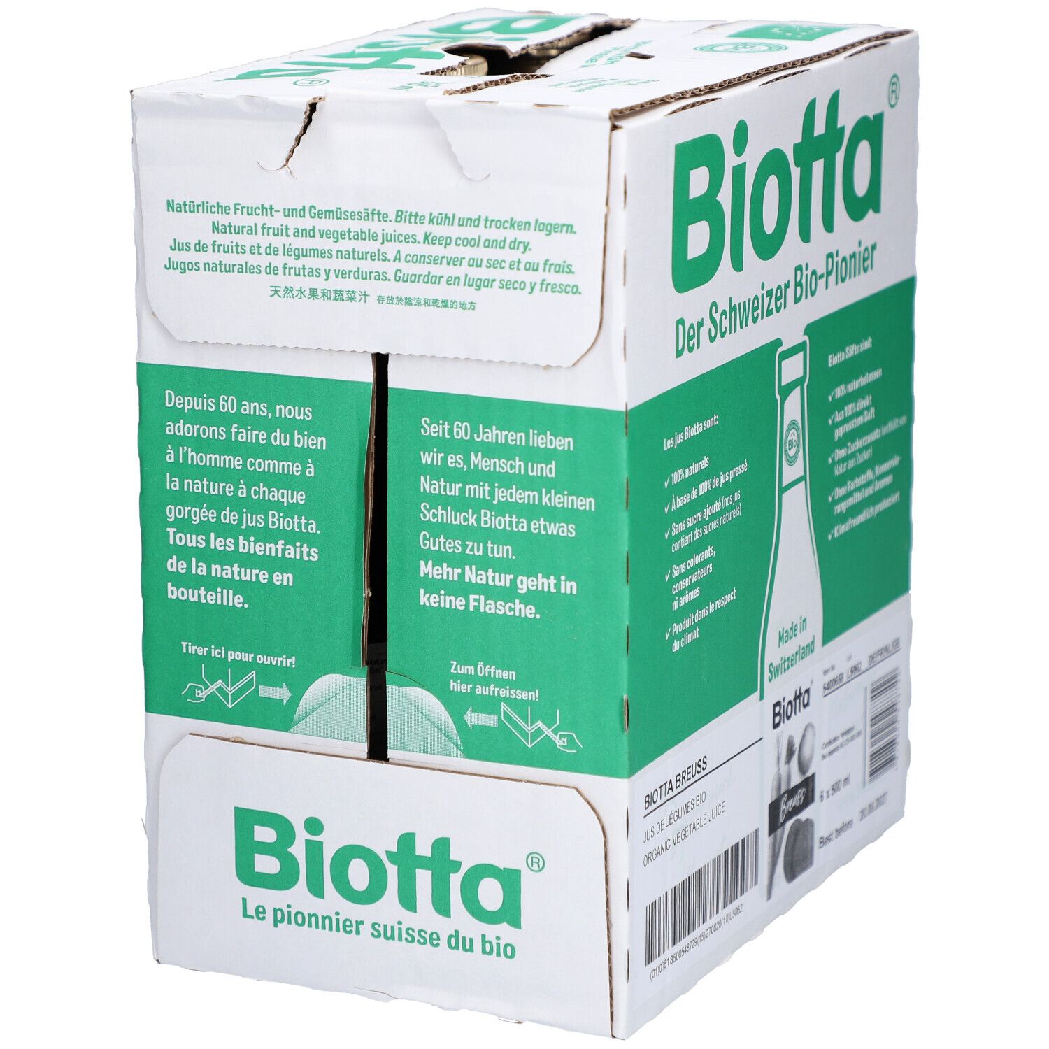 Karton mit Biotta-Logo und Text. Enthält Informationen über das Produkt und die Marke. Aufdruck: "Der Schweizer Bio-Pionier".