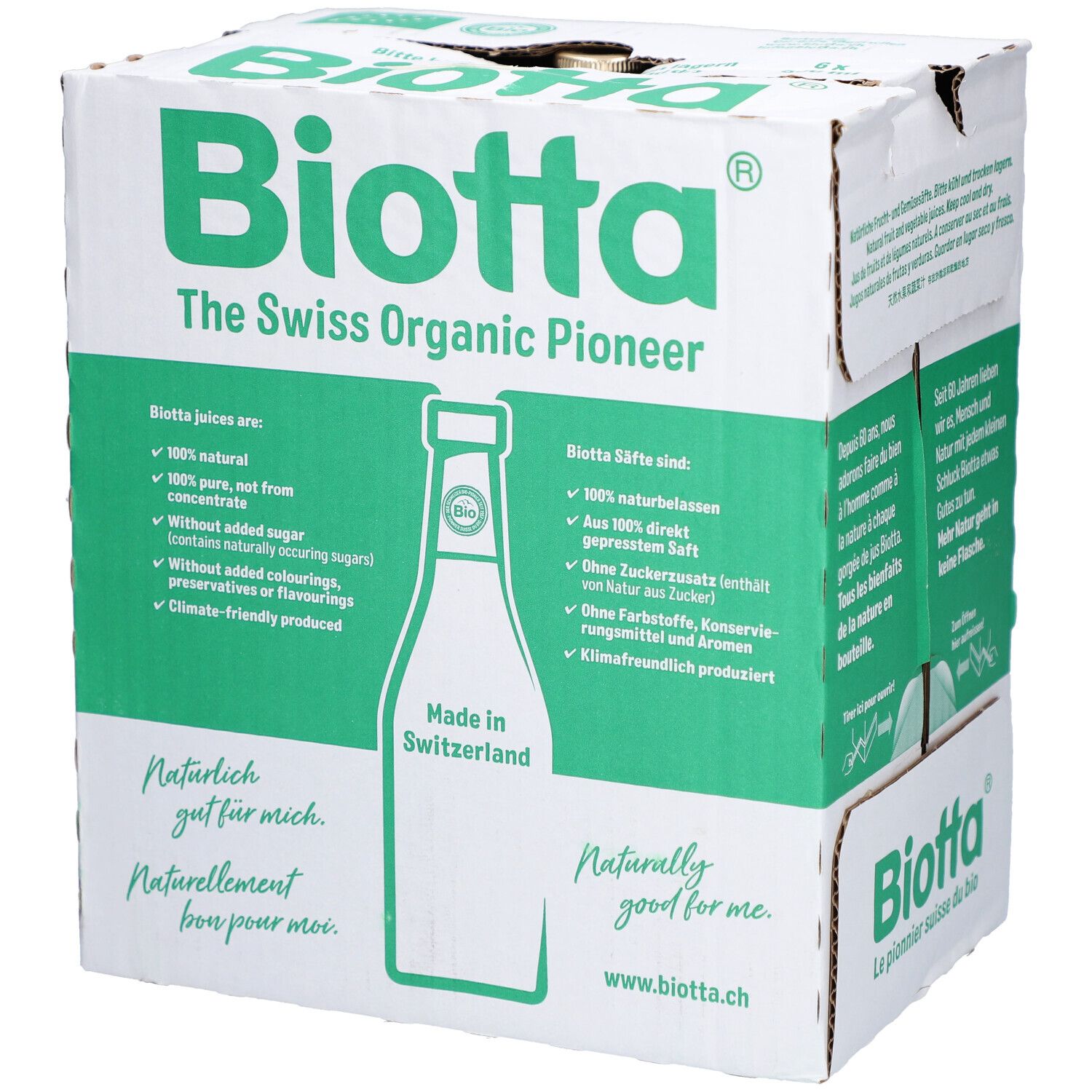Karton mit Biotta-Logo und Produktinformationen. Enthält Informationen über das Produkt und die Marke. Aufdruck: "The Swiss Organic Pioneer".