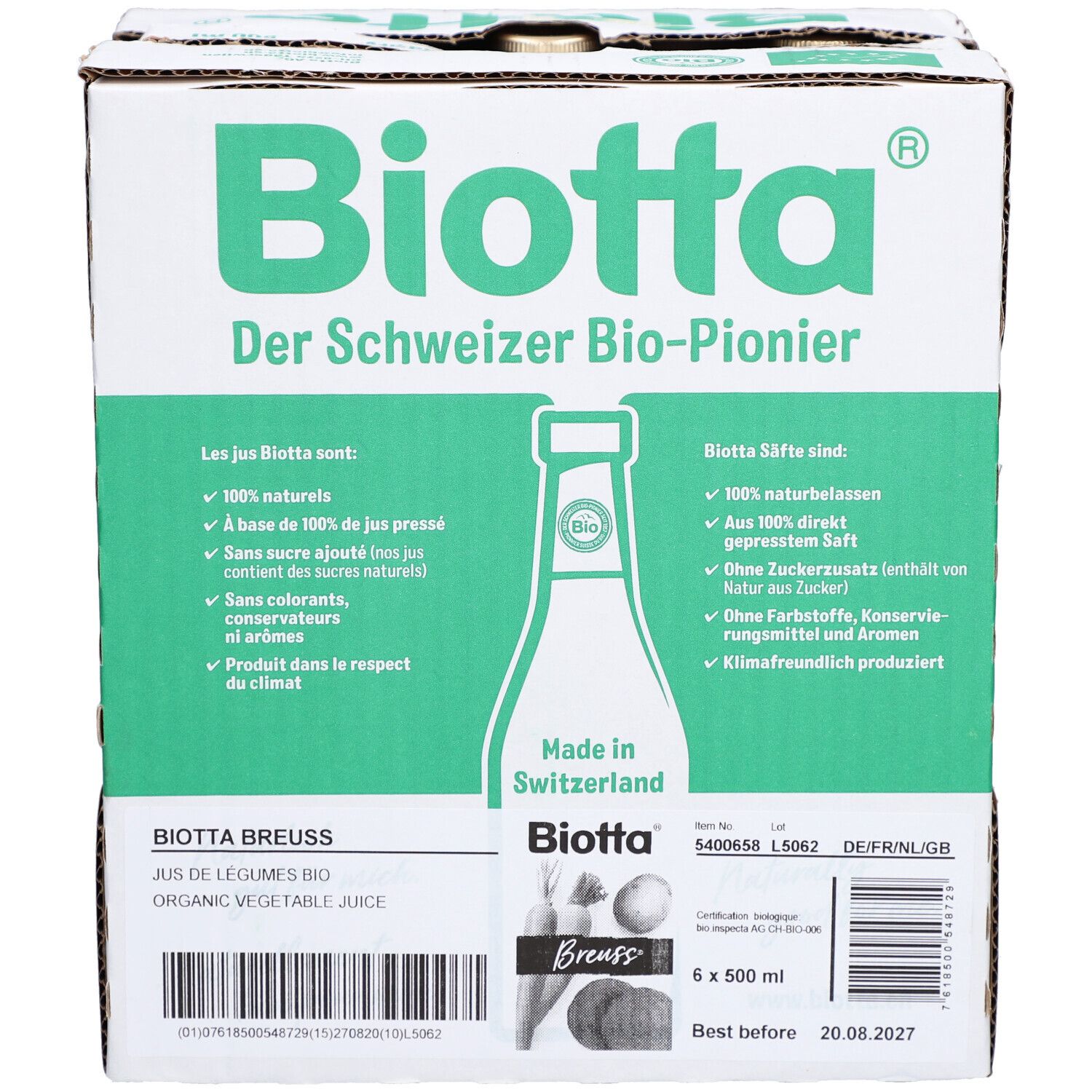 Karton mit Biotta-Logo und Produktinformationen. Enthält 6 Flaschen Bio-Gemüsesaft. Aufdruck: "Der Schweizer Bio-Pionier".