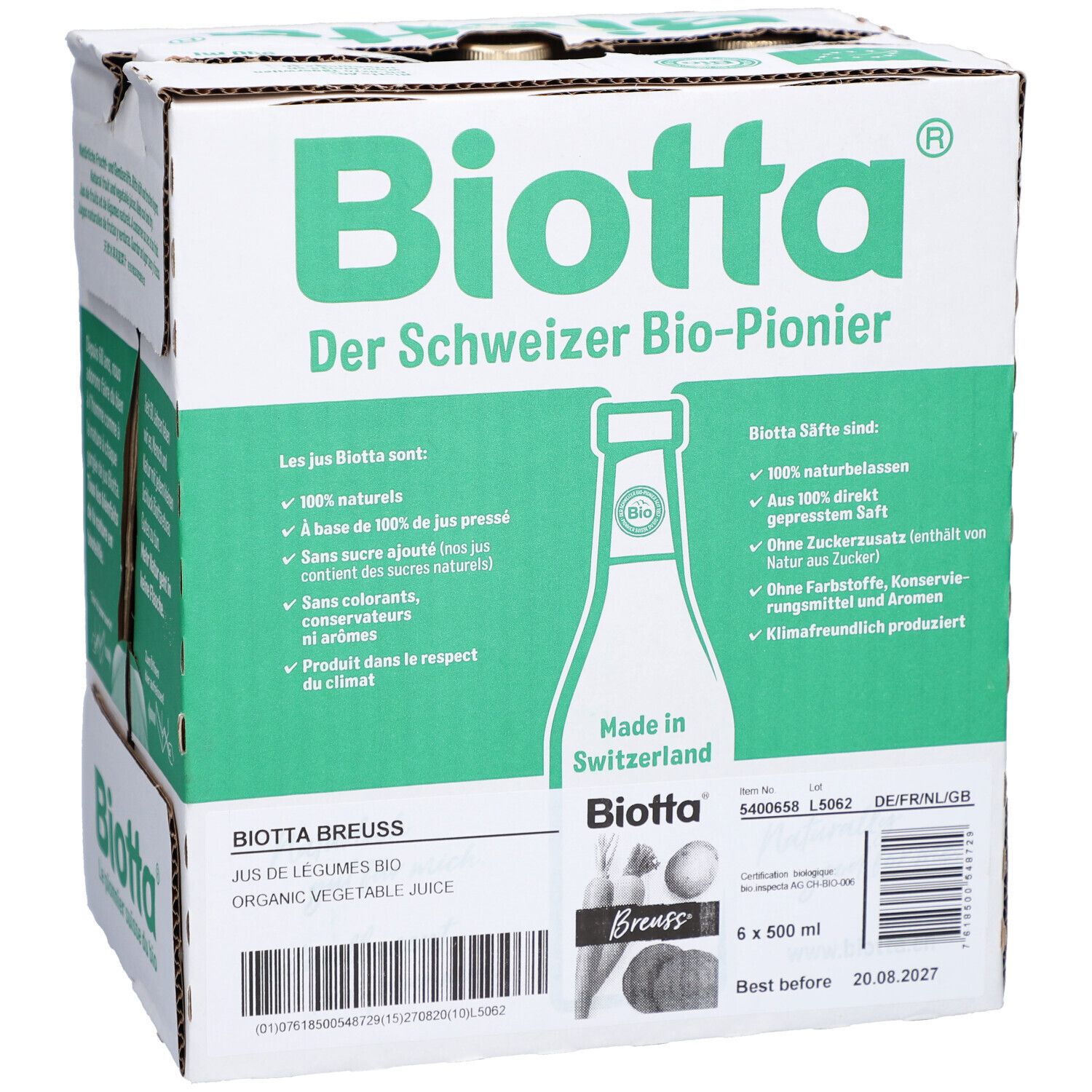 Karton mit Biotta-Logo und Produktinformationen. Enthält 6 Flaschen Bio-Gemüsesaft. Aufdruck: "Der Schweizer Bio-Pionier".