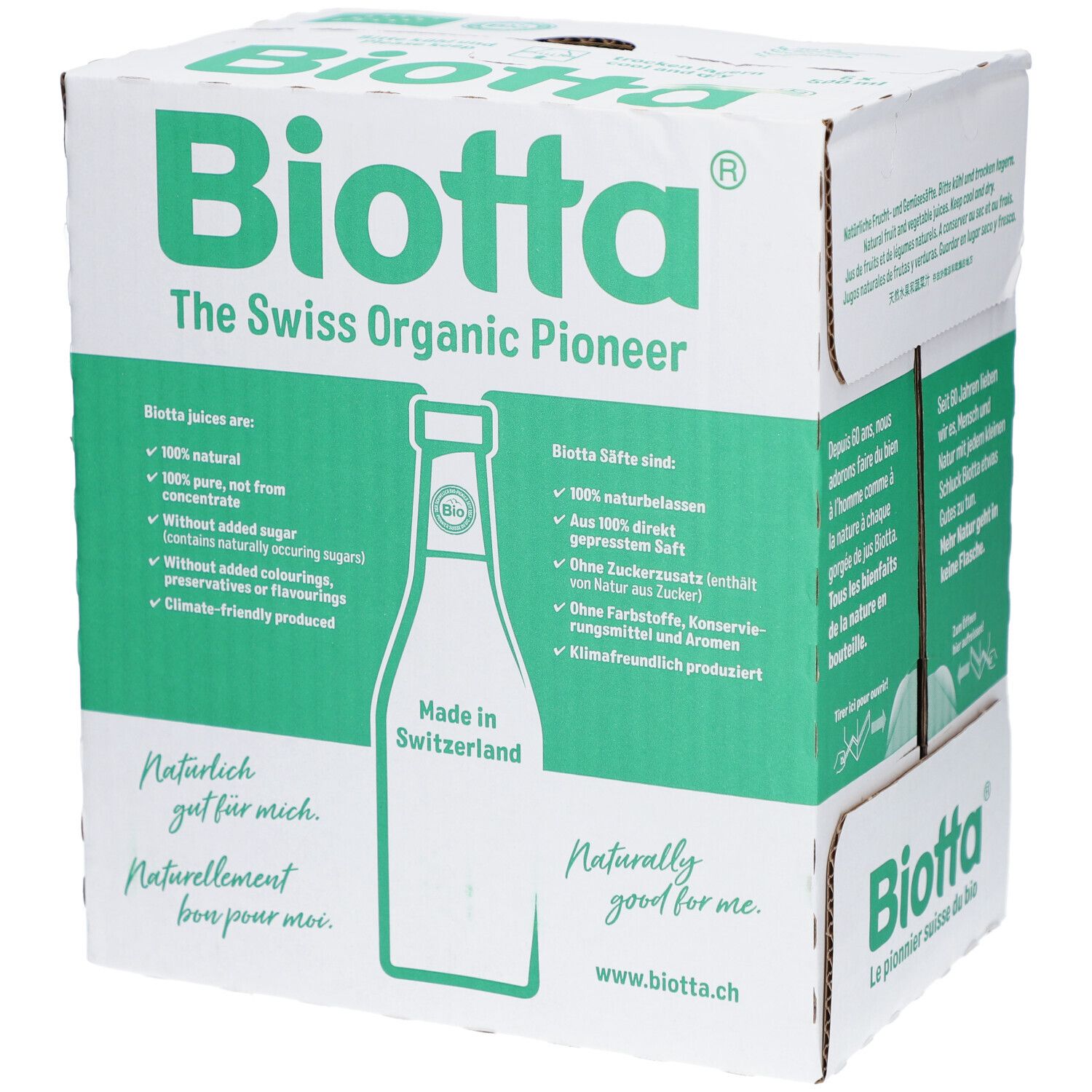 Carton Biotta avec logo et texte. Inscriptions en allemand et anglais. Contient des informations sur les caractéristiques du produit.