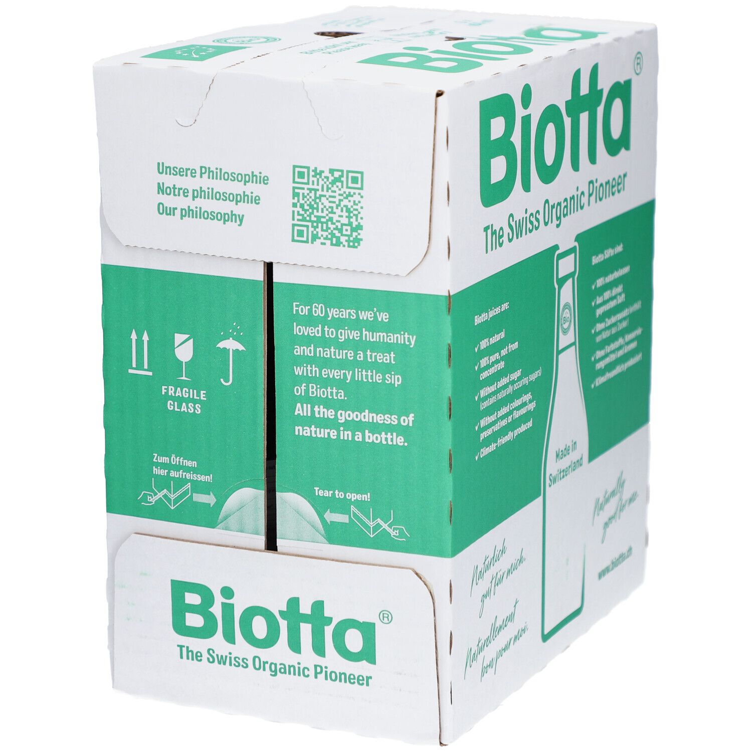 Carton Biotta avec logo et texte. Inscriptions en allemand et anglais. Contient des informations sur les caractéristiques du produit.