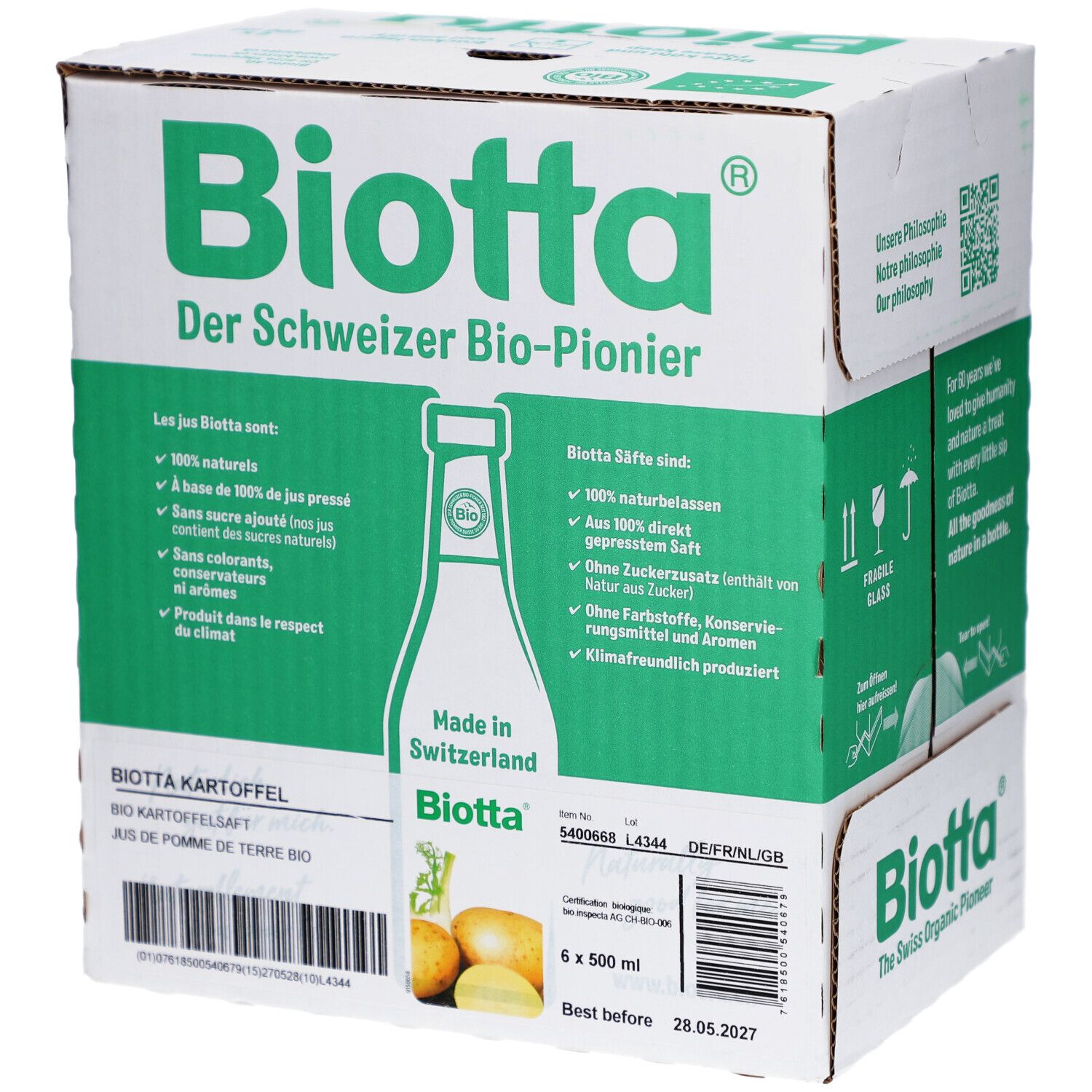 Karton mit Biotta-Kartoffelsaft. Grün-weiße Verpackung mit Produktinformationen und Logo. 6 x 500 ml.