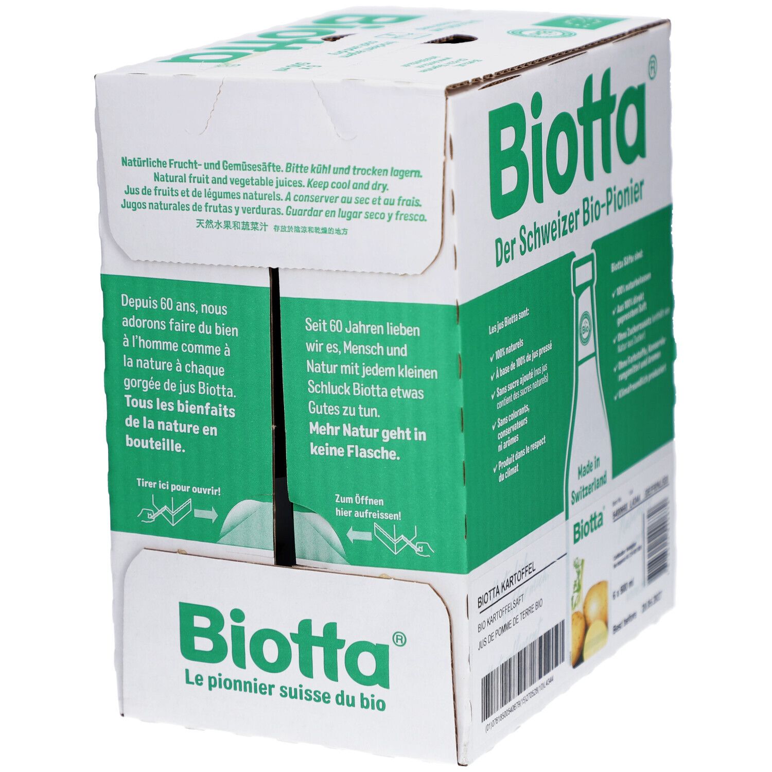 Karton mit Biotta-Kartoffelsaft. Grün-weiße Verpackung mit Produktinformationen und Logo. Seitenansicht.