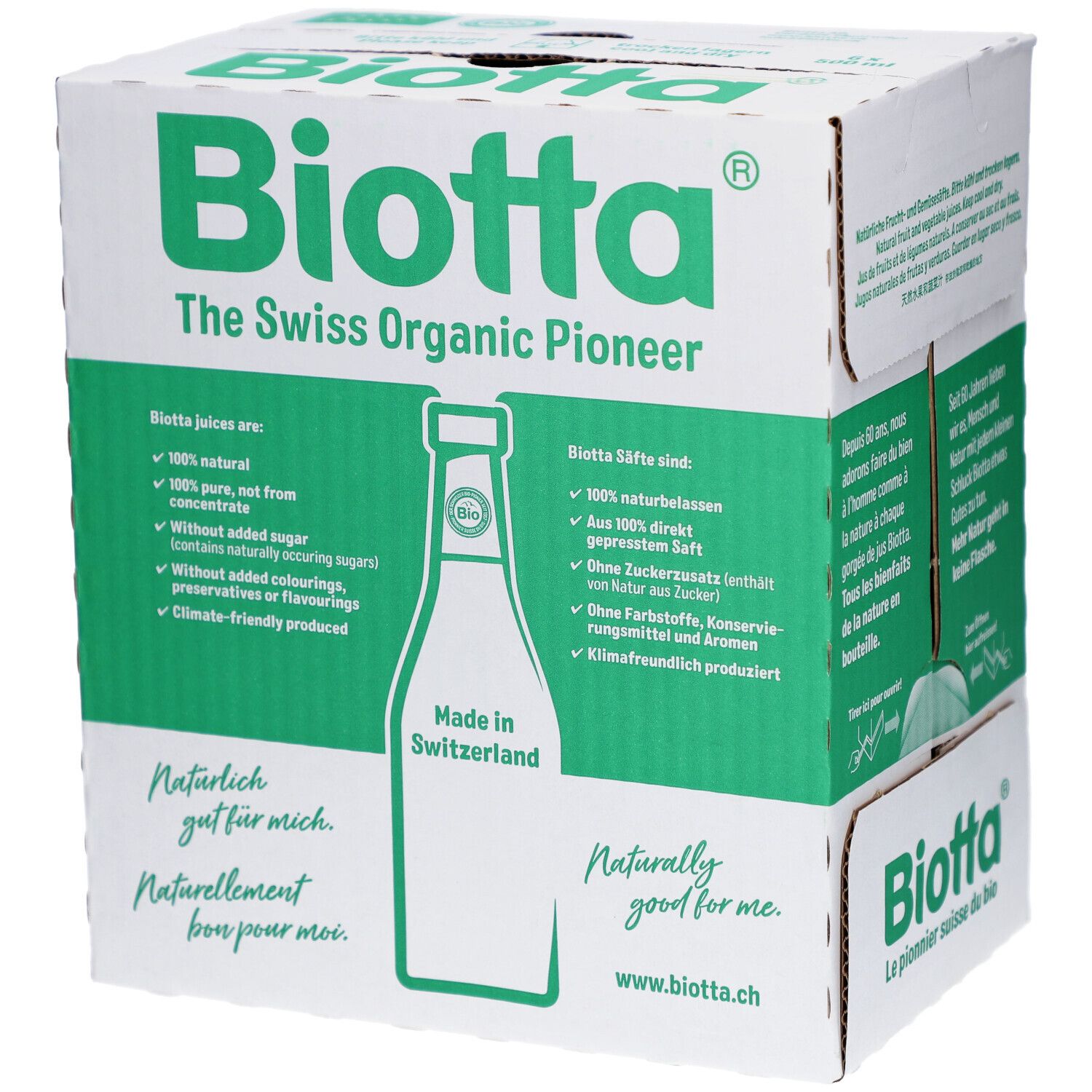 Karton mit Biotta-Kartoffelsaft. Grün-weiße Verpackung mit Produktinformationen und Logo. Ansicht von vorne.
