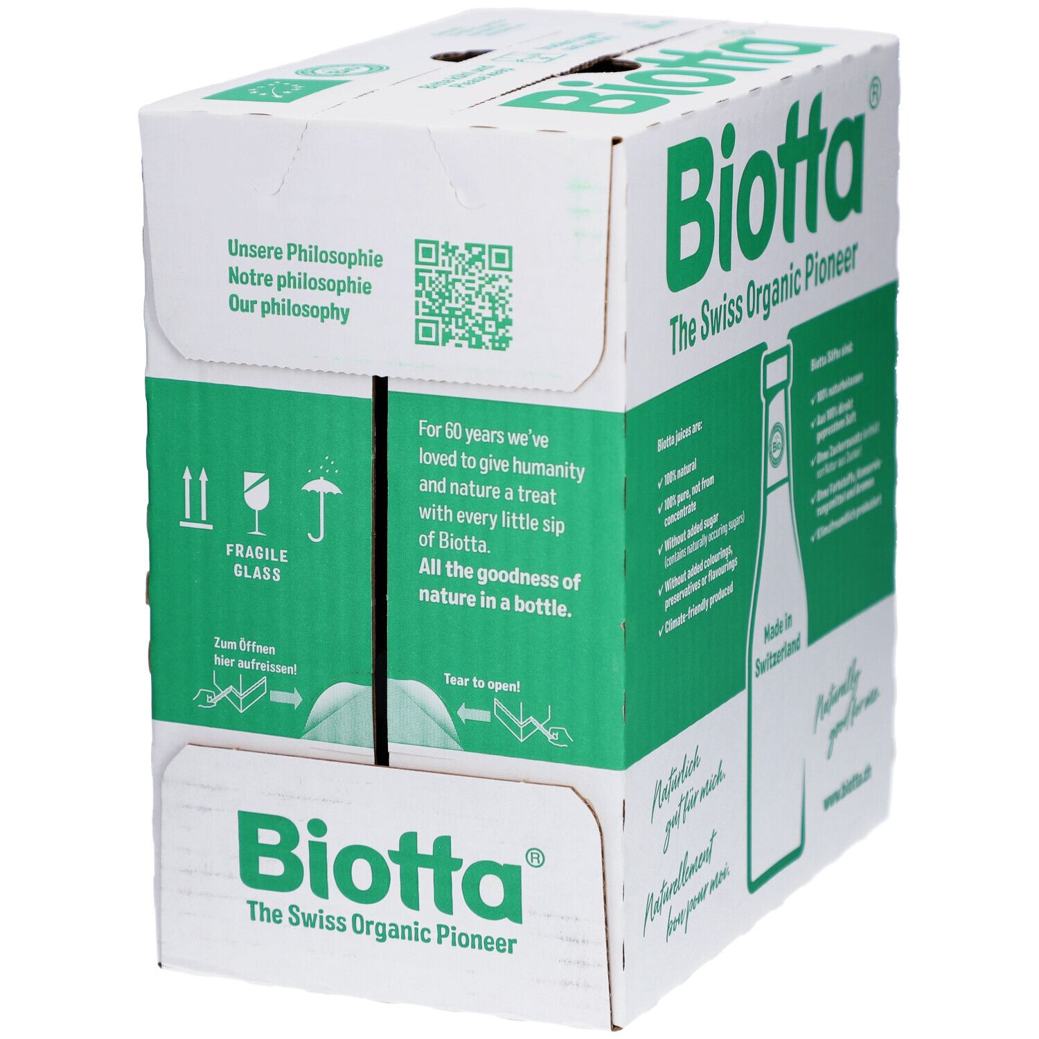 Karton mit Biotta-Kartoffelsaft. Grün-weiße Verpackung mit Produktinformationen und Logo. Ansicht von vorne.