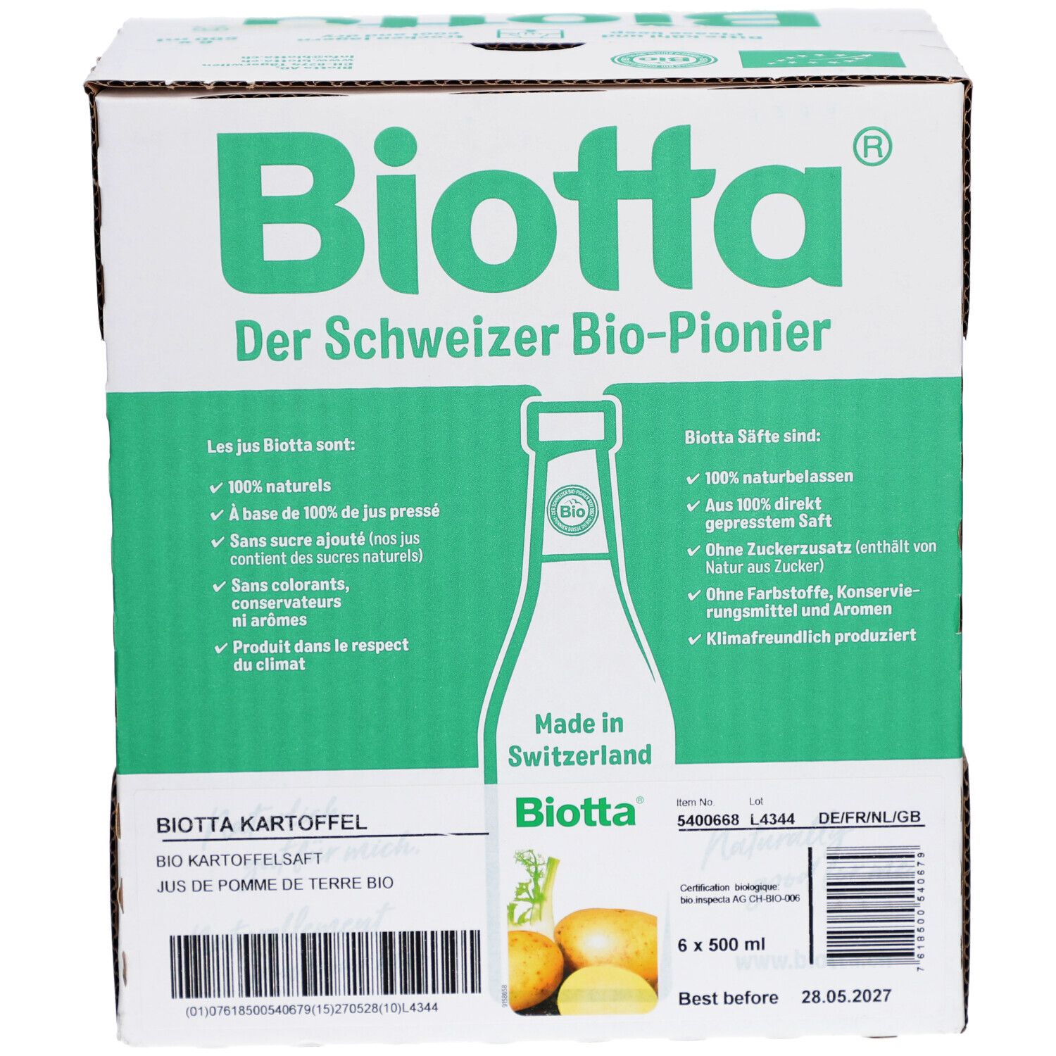 Karton mit Biotta-Kartoffelsaft. Grün-weiße Verpackung mit Produktinformationen und Logo. 6 x 500 ml.