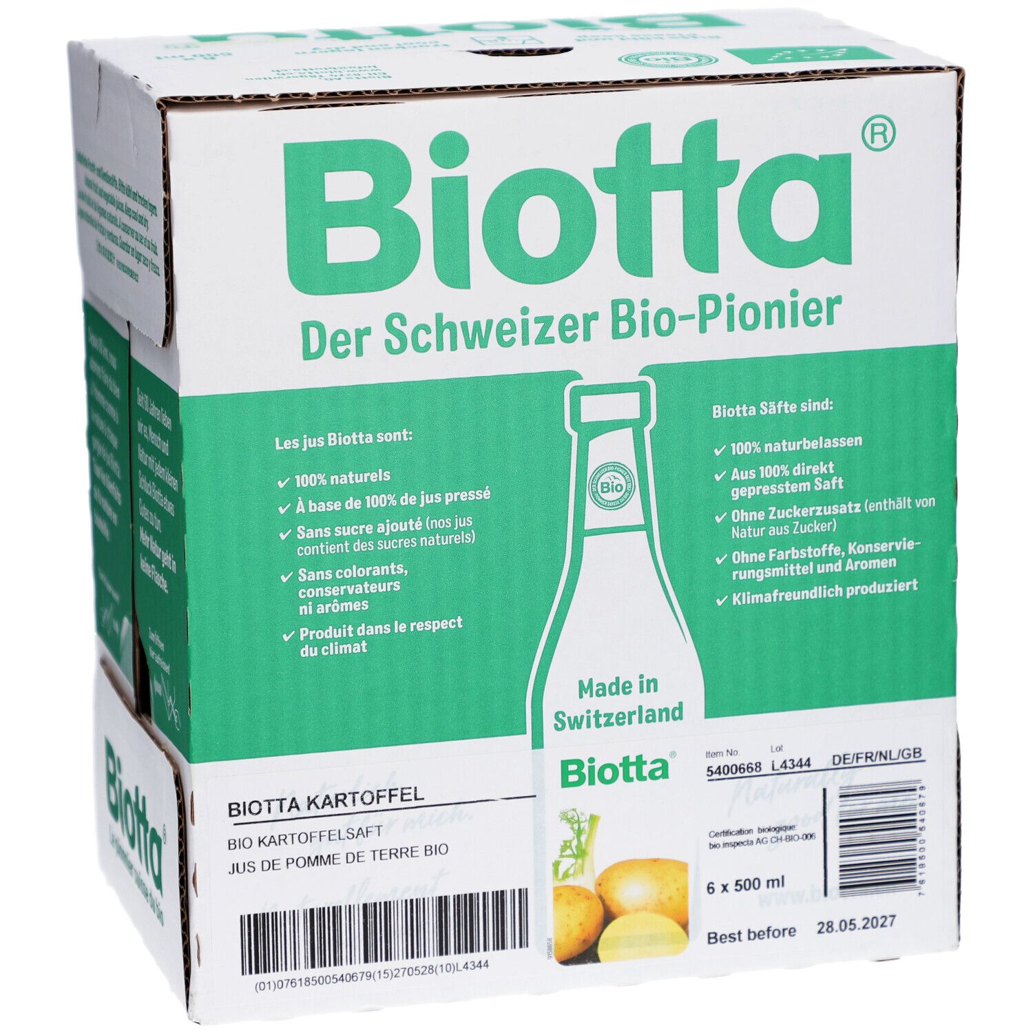 Karton mit Biotta-Kartoffelsaft. Grün-weiße Verpackung mit Produktinformationen und Logo. 6 x 500 ml.