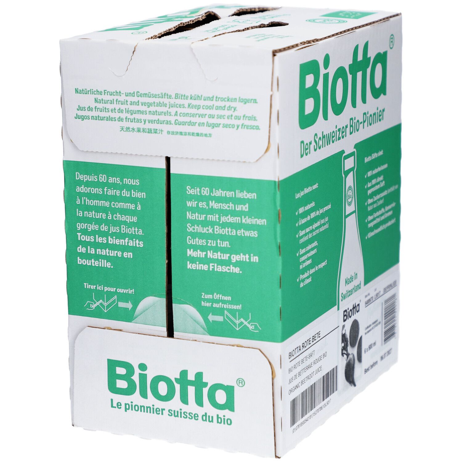 Karton mit Biotta-Logo und Text. Enthält Informationen über natürliche Frucht- und Gemüsesäfte. Hergestellt in der Schweiz.