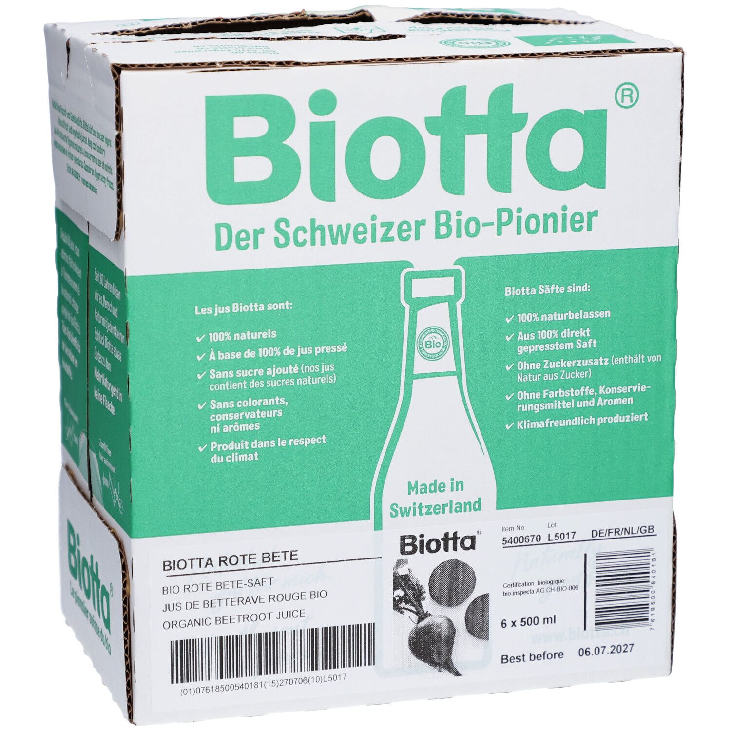 Karton mit Biotta-Logo und Produktinformationen. Enthält 6 Flaschen Rote Bete Saft. Hergestellt in der Schweiz.
