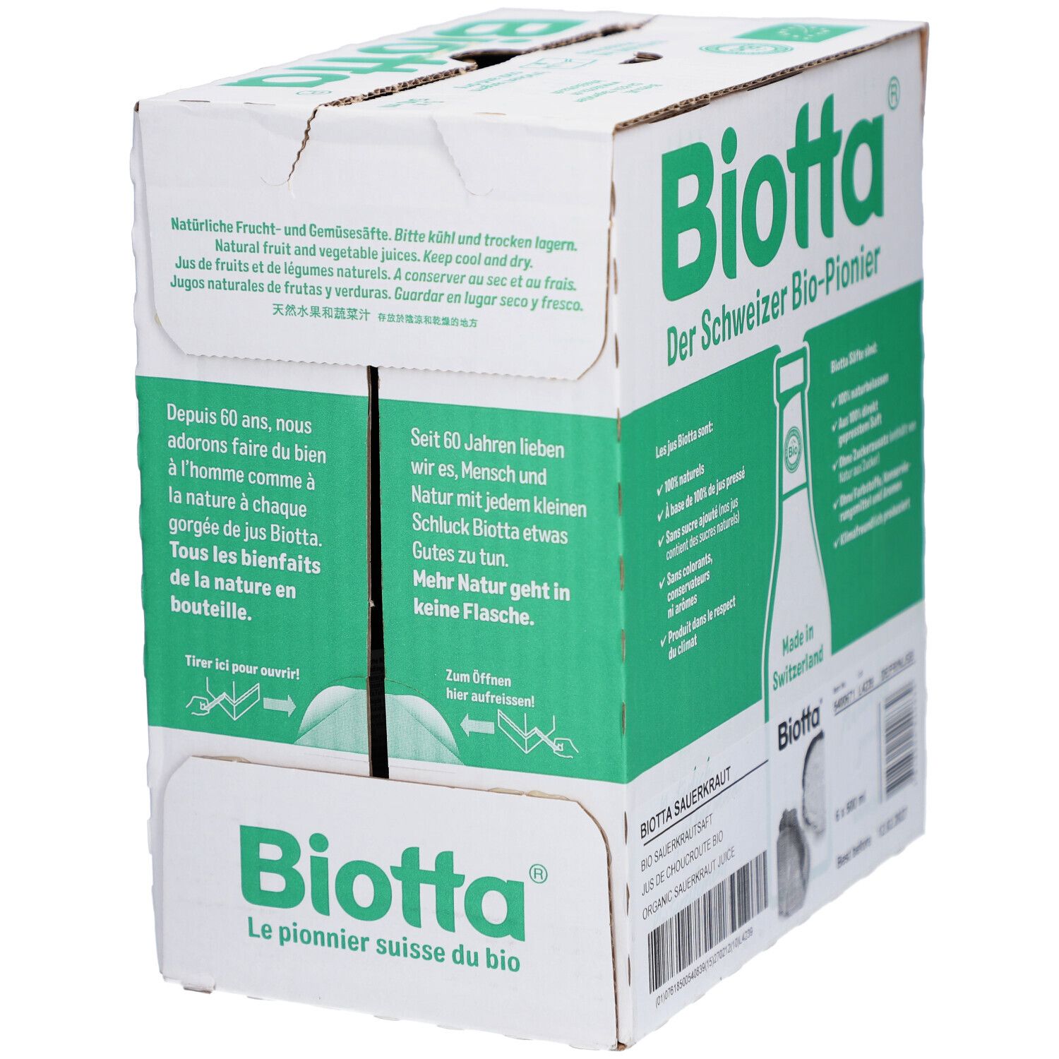 Karton mit Biotta Sauerkrautsaft. Grüne und weiße Verpackung. Text: Bio, Made in Switzerland, Natur.