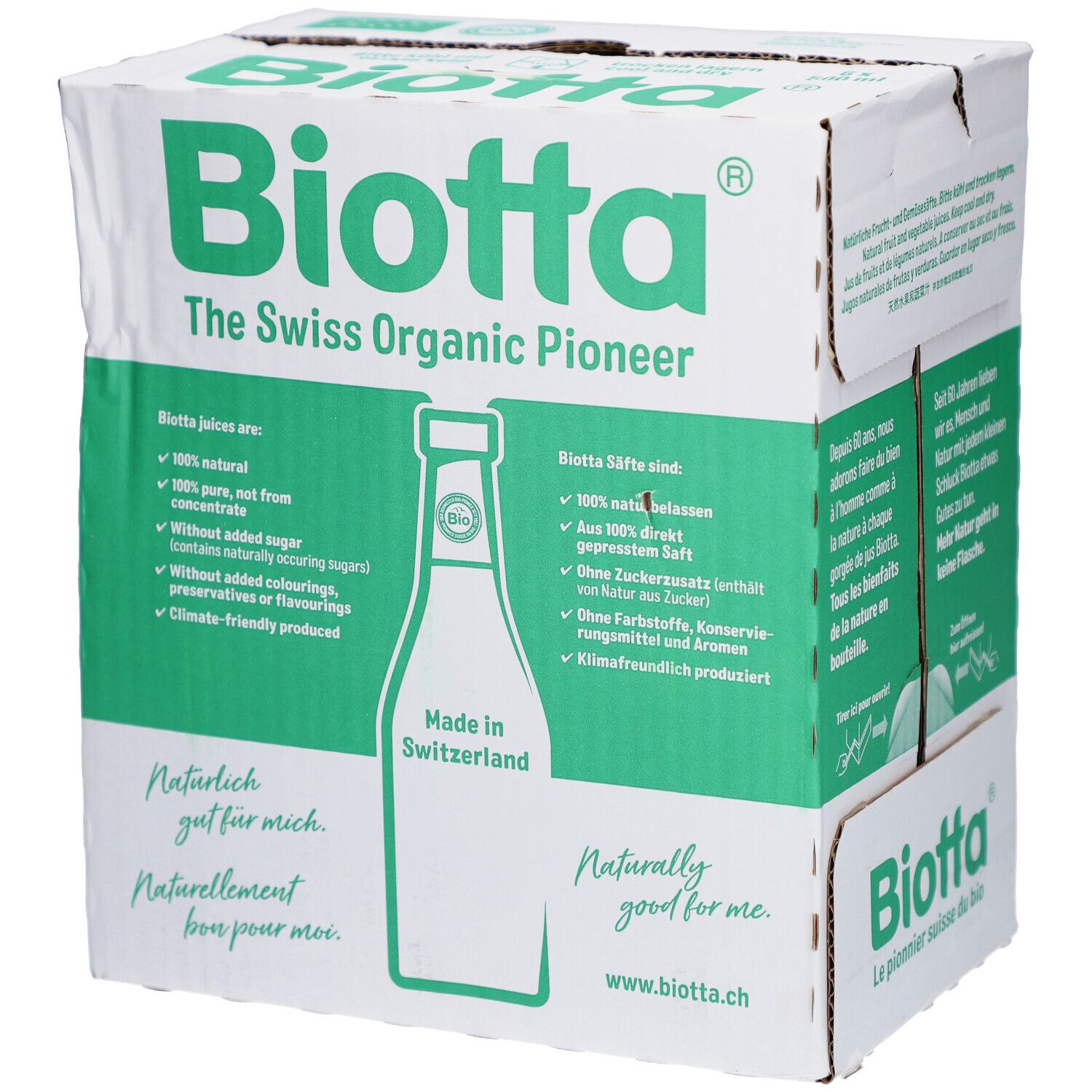 Karton mit Biotta Sauerkrautsaft. Grüne und weiße Verpackung. Text: Bio, Made in Switzerland, Natur.