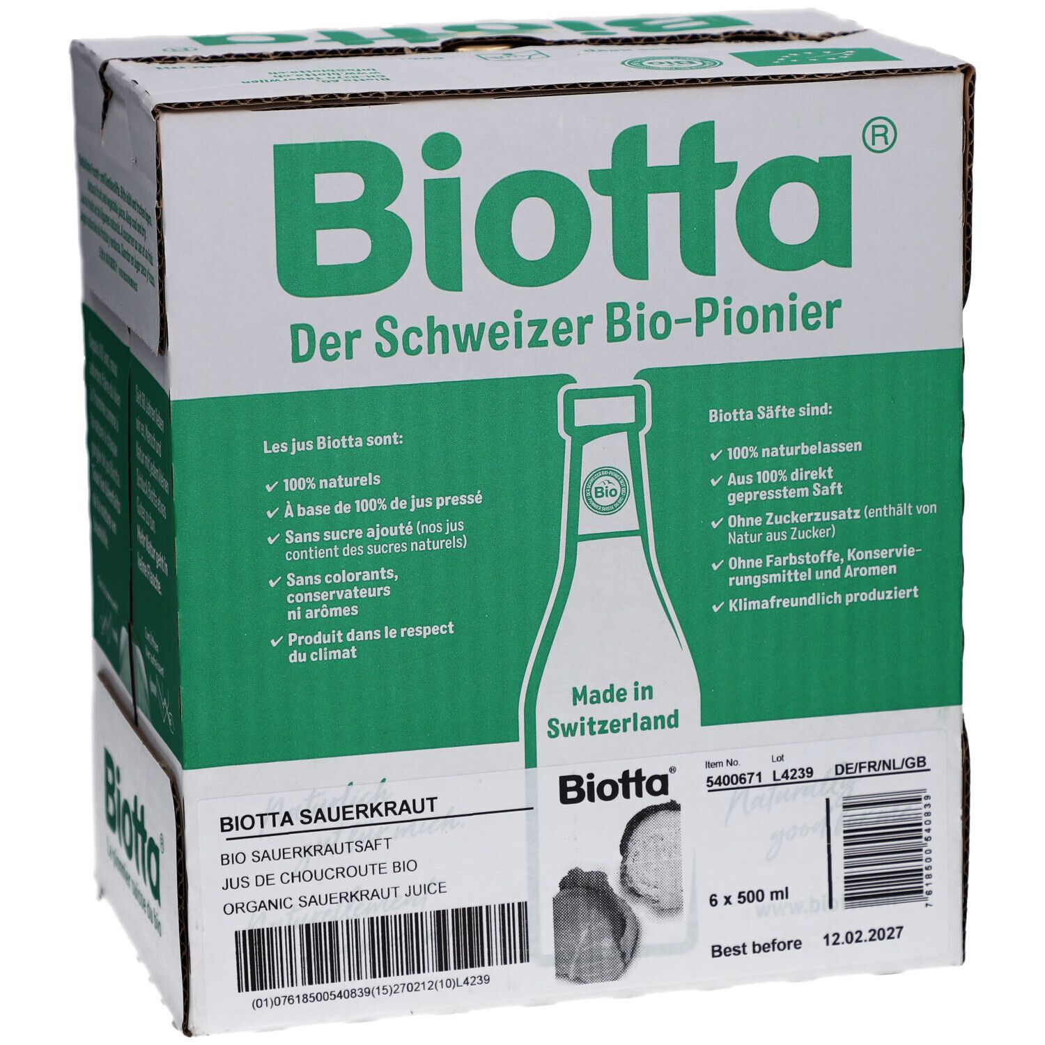 Karton mit Biotta Sauerkrautsaft. Grüne und weiße Verpackung. Text: 6 x 500 ml, Bio, Made in Switzerland.