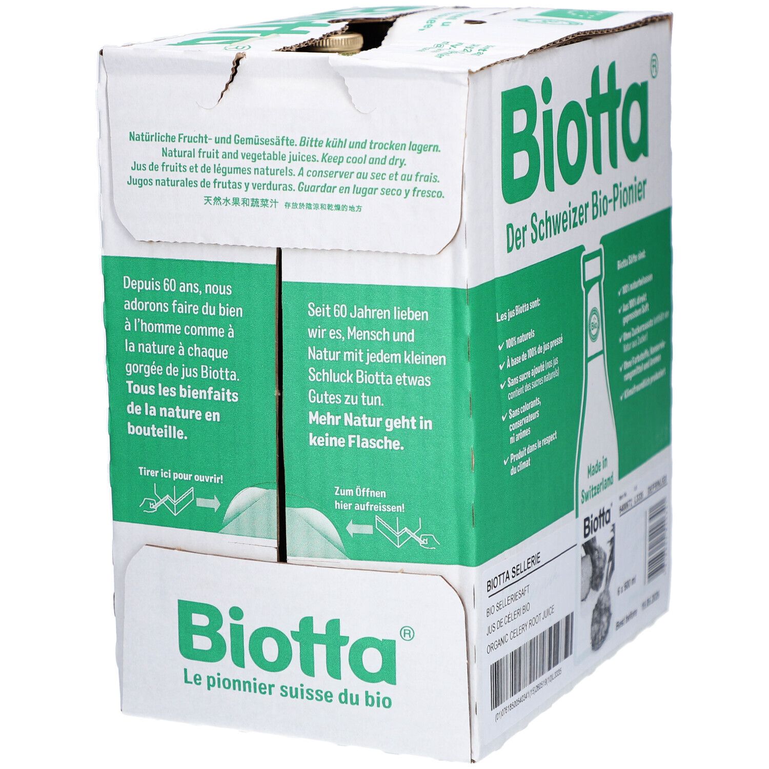 Karton mit Biotta-Logo. Text: "Der Schweizer Bio-Pionier". Enthält Informationen über das Produkt und die Marke.