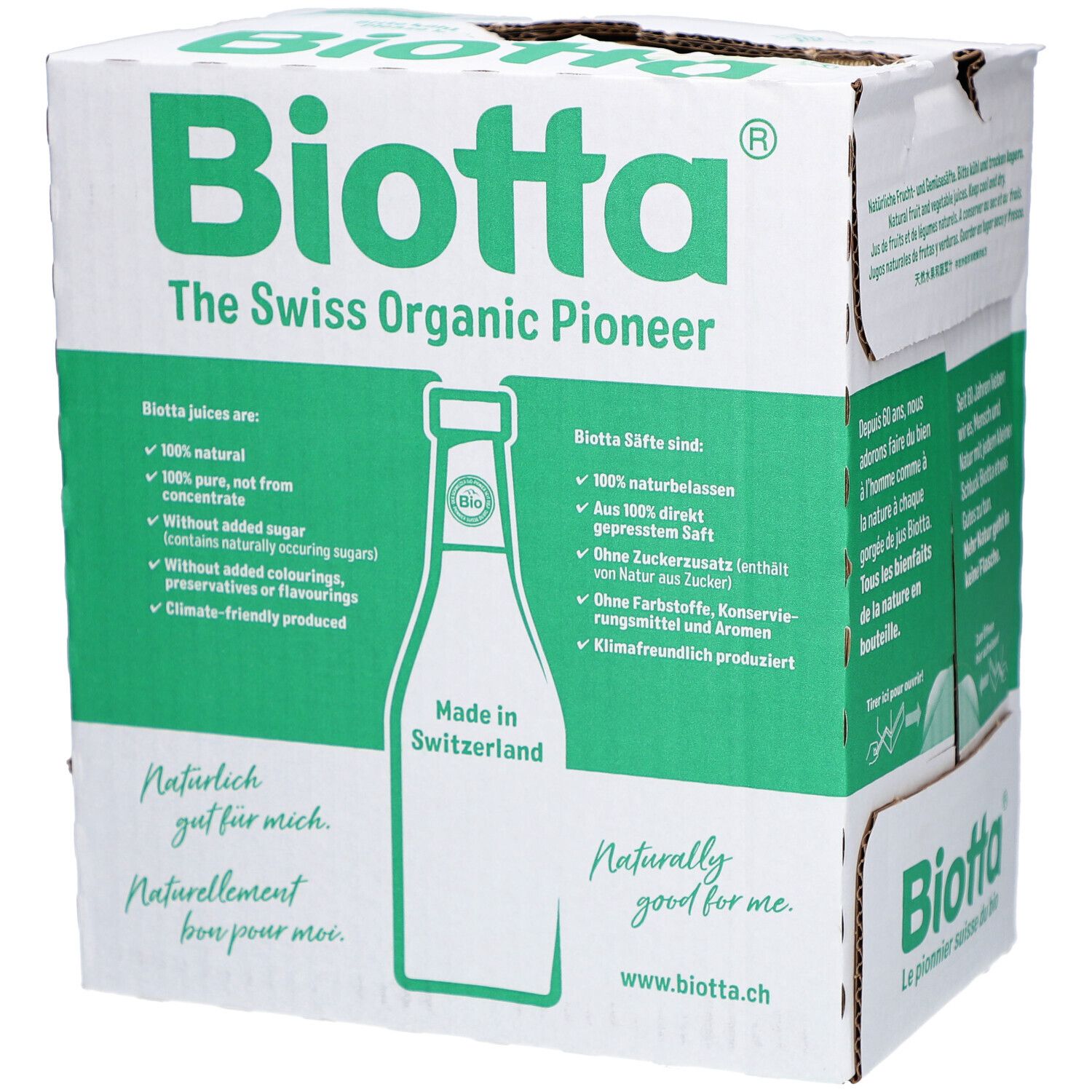 Karton mit Biotta-Logo und Produktinformationen. Text: "The Swiss Organic Pioneer". Flaschenabbildung und Text.