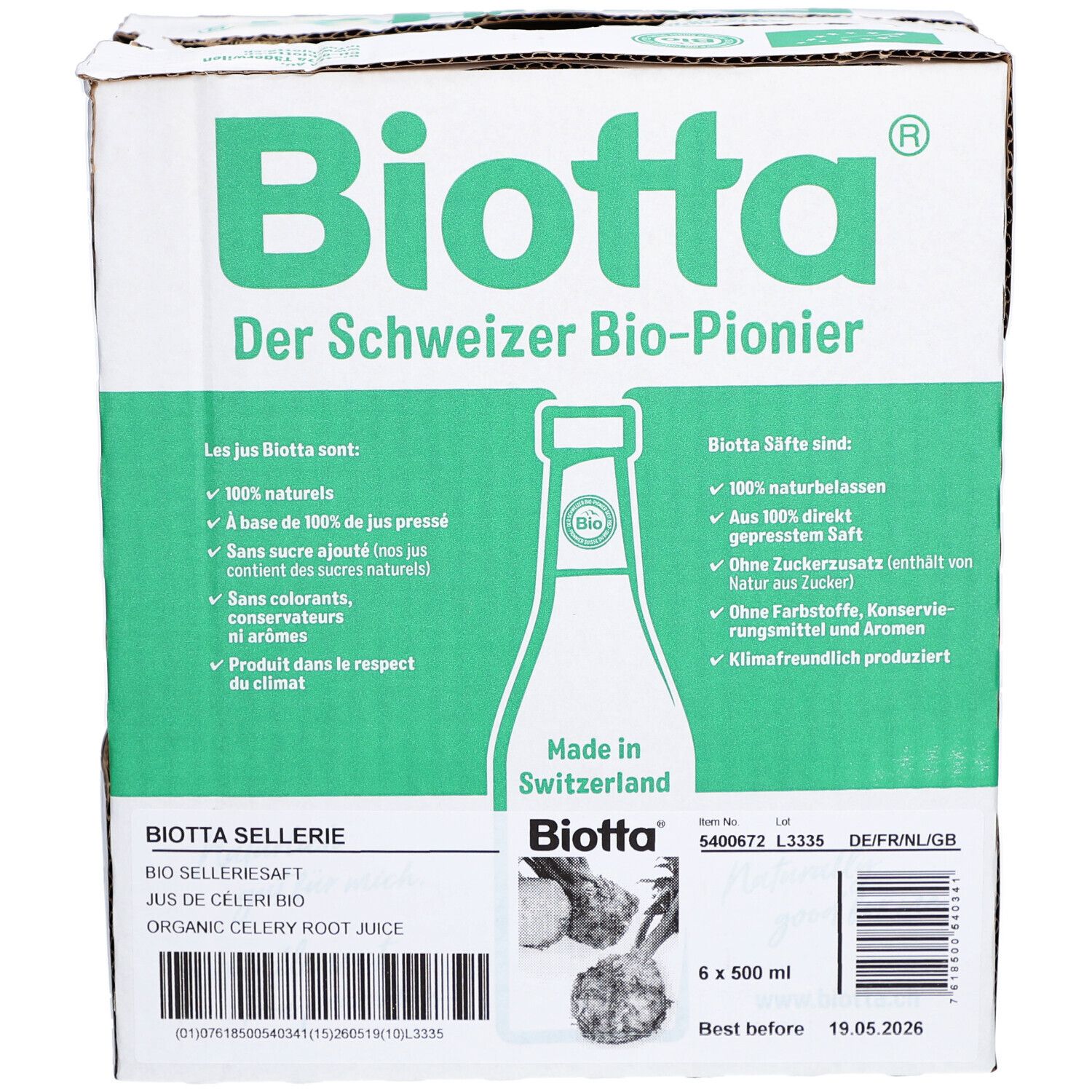 Karton mit Biotta-Logo und Produktinformationen. Enthält 6 Flaschen Sellerie-Saft. Aufdruck: "Der Schweizer Bio-Pionier".