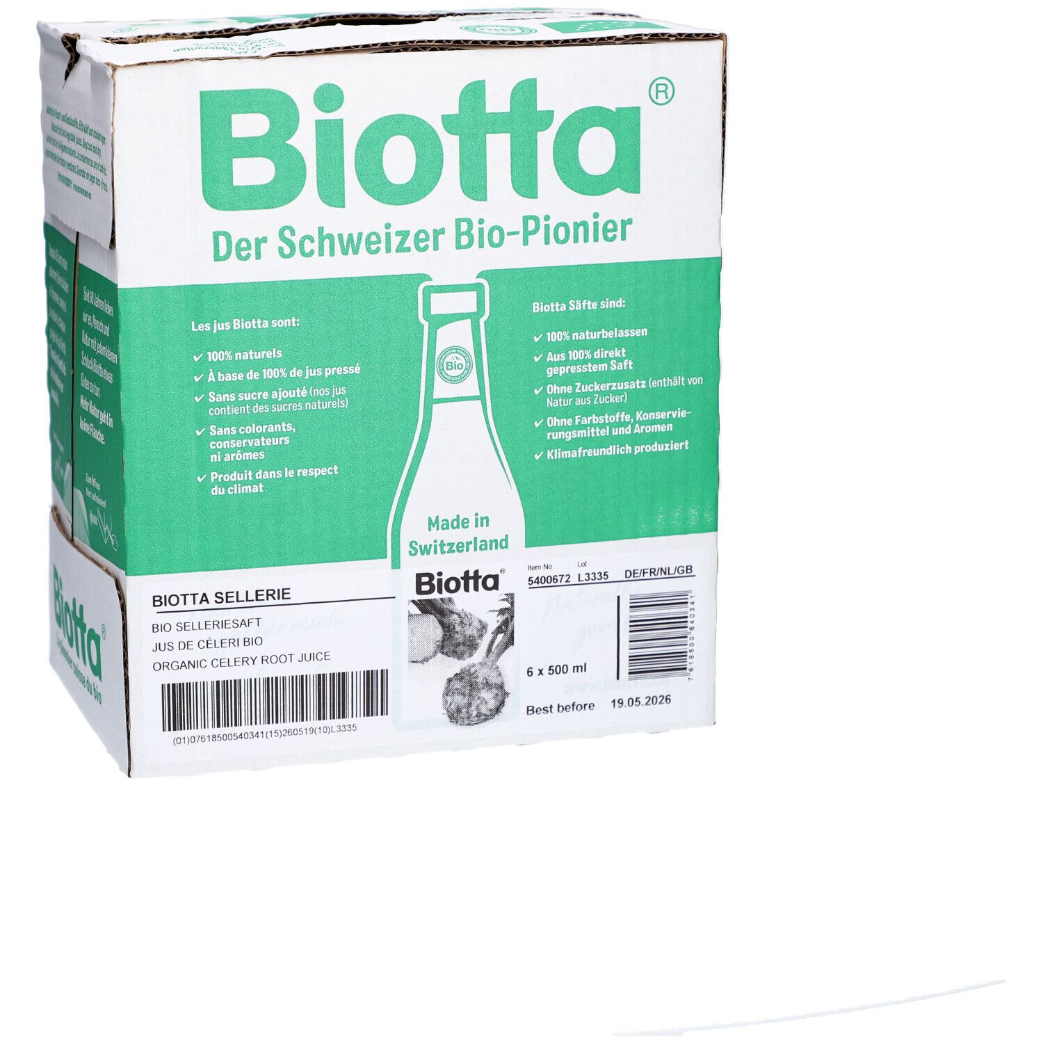 Karton mit Biotta-Logo und Produktinformationen. Enthält 6 Flaschen Sellerie-Saft. Aufdruck: "Der Schweizer Bio-Pionier".