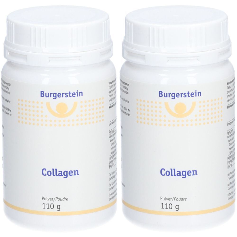 Zwei weiße Flaschen mit Schraubverschluss. Aufschrift Burgerstein, Collagen, Pulver/Poudre, 110 g.