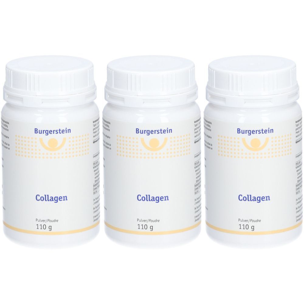 Drei weiße Dosen mit Schraubverschluss. Auf jeder Dose steht "Burgerstein Collagen". Darunter "Pulver/Poudre" und "110 g".