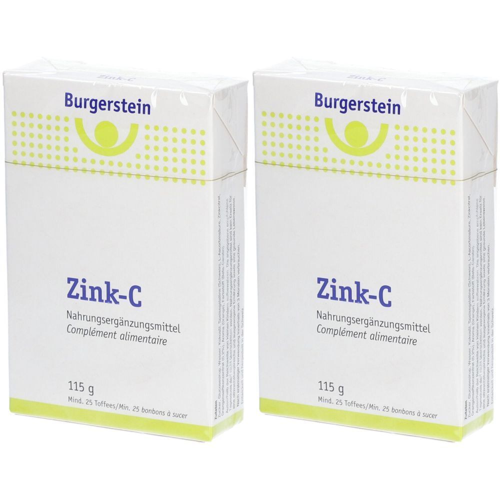 Zwei weiße Schachteln mit der Aufschrift "Burgerstein Zink-C". Auf jeder Schachtel steht "Nahrungsergänzungsmittel" und "115 g".
