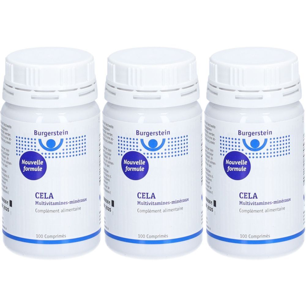 Drei weiße Flaschen mit Schraubverschluss. Aufschrift: Burgerstein, CELA Multivitamin-Mineralstoff, Nouvelle formule. 100 Tabletten.