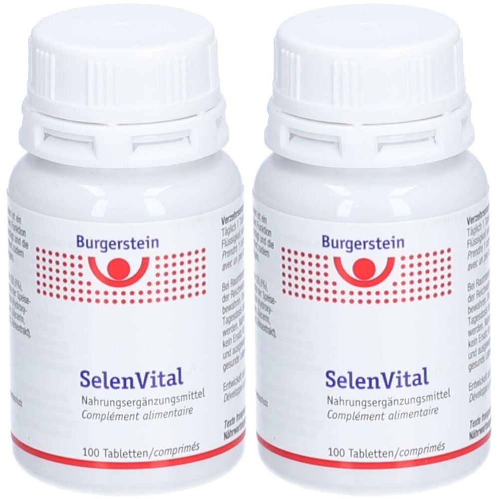 Zwei weiße Flaschen mit Schraubverschluss. Aufschrift Burgerstein SelenVital, Nahrungsergänzungsmittel. 100 Tabletten.