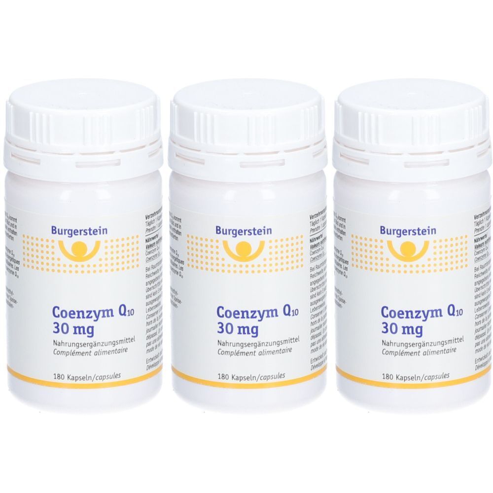 Trois flacons blancs avec bouchons à vis. Chaque flacon porte l'inscription "Burgerstein Coenzym Q10 30 mg". 180 gélules.