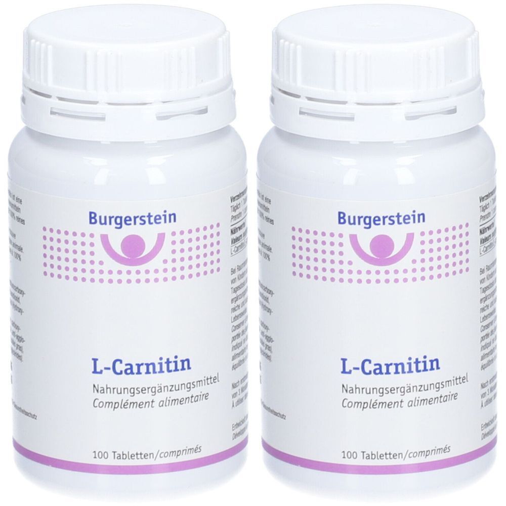 Zwei weiße Flaschen mit Schraubverschluss. Aufschrift: Burgerstein, L-Carnitin, Nahrungsergänzungsmittel, 100 Tabletten. Lila Logo.
