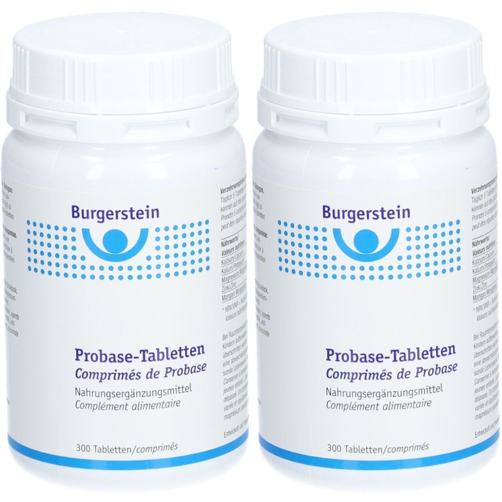 Zwei weiße Flaschen mit Schraubverschluss. Aufschrift: Burgerstein, Probase-Tabletten, Nahrungsergänzungsmittel. Jede Flasche enthält 300 Tabletten.