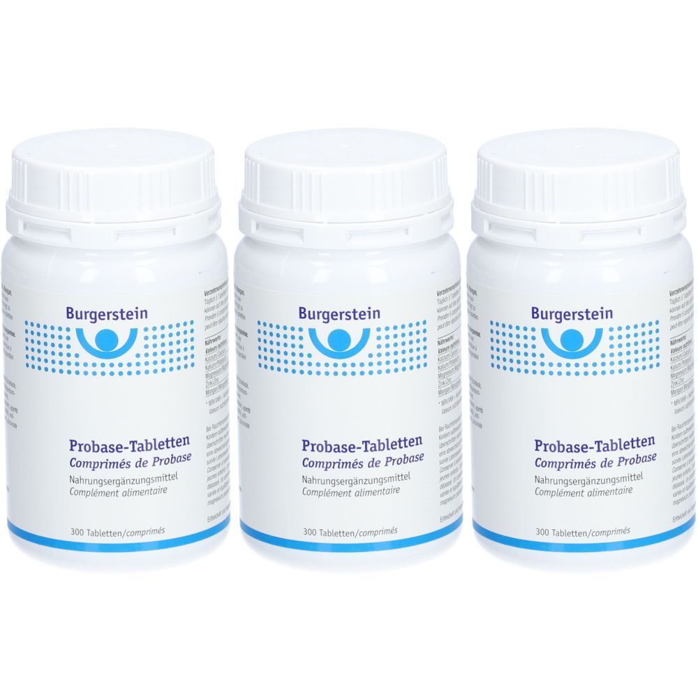 Trois flacons blancs de comprimés avec étiquette bleue. Inscription: Burgerstein, Probase-Tabletten. 300 comprimés.