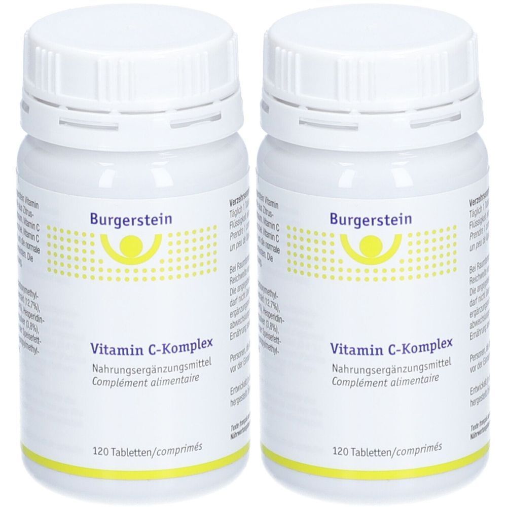Zwei weiße Flaschen mit Schraubverschluss. Aufschrift: Burgerstein, Vitamin C-Komplex, Nahrungsergänzungsmittel. 120 Tabletten.