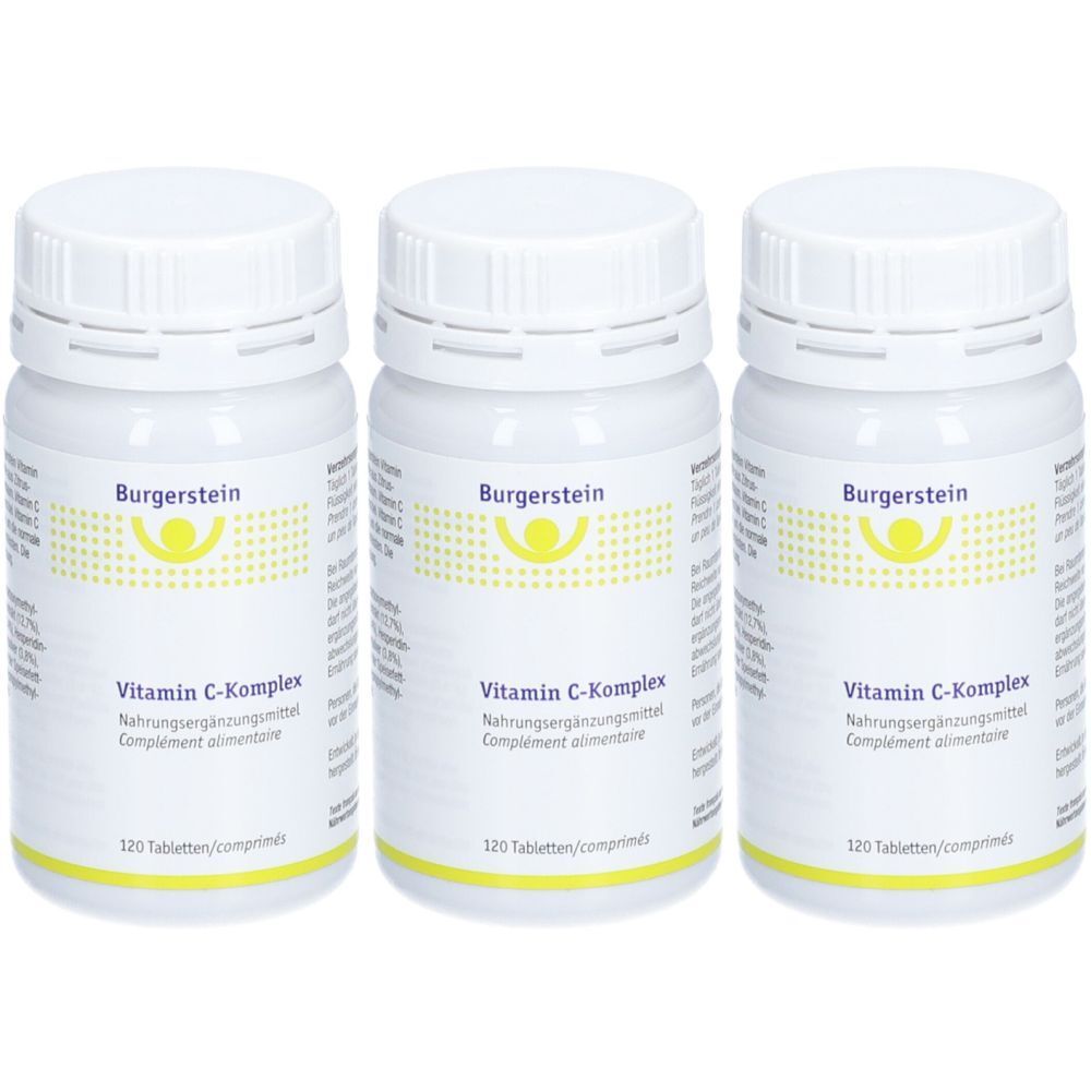 Drei weiße Flaschen mit Schraubverschluss. Auf jeder Flasche steht "Burgerstein Vitamin C-Komplex" und "120 Tabletten".